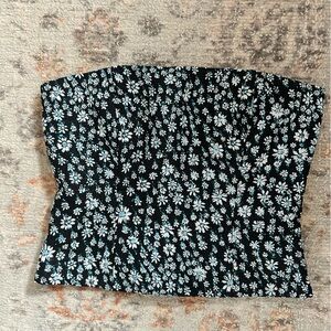 Reformation Black Strapless Floral Bustier Top with Light Blue Flowers